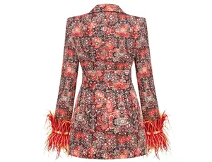 Back view of elegant V-neck floral jacket dress featuring luxurious red feather cuffs