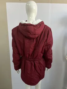 Detailed back view of a wine red fleece-lined hooded winter jacket on a mannequin