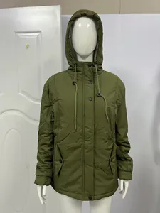 Front detail of women's olive green hooded padded jacket with drawstring and pockets.