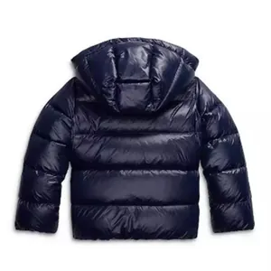 Back view of a premium shiny navy blue hooded puffer jacket for men with quilted texture