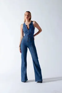 Sleeveless slim fit high waist denim jumpsuit with V-neck zipper and flared legs