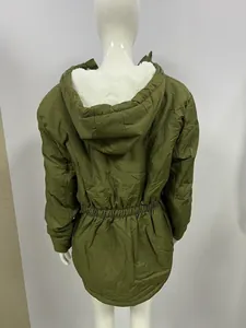 Detailed back view of a women's olive green hooded jacket with warm white fleece lining