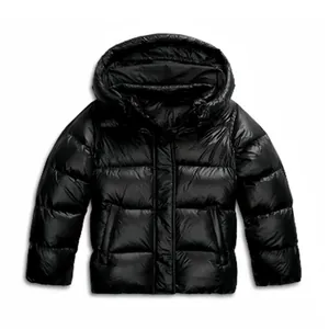 Close-up view of black shiny hooded puffer jacket for men with premium puffy finish