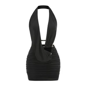 Elegant black halter mini dress with deep V-neckline and ruched details for a slimming fit