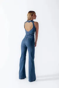 Slim fit denim jumpsuit with heart-shaped back cutout and flared legs