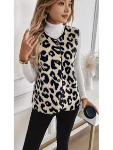 Chaleco de felpa con estampado de leopardo y botones para la moda de invierno