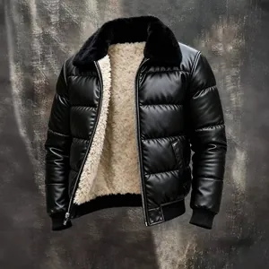 Veste de Moto pour Homme en Cuir PU Doublée de Polaire Manteau d'Hiver Matelassé Revers en Laine d'Agneau Synthétique Top