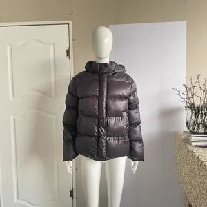 Premium men's casual charcoal grey shiny puffer jacket with hood and insulated padding