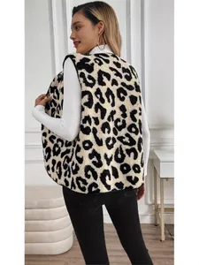 Elegante chaleco de felpa para mujer con estampado de leopardo y cierre de botones frontal