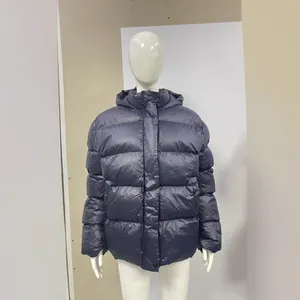 Professional studio shot of a men's casual navy blue hooded puffer jacket on a mannequin