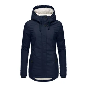 Front view of a women's navy blue hooded winter jacket with soft white fleece lining