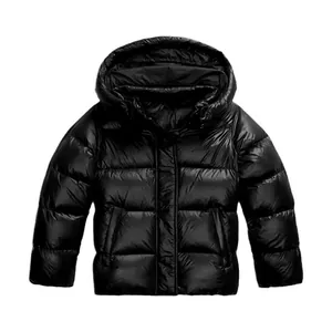 Glossy black men's casual hooded puffer jacket with quilted insulation and front zipper