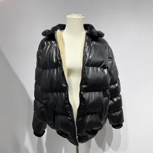Veste matelassée en cuir PU noir pour homme avec col en laine d'agneau et doublure