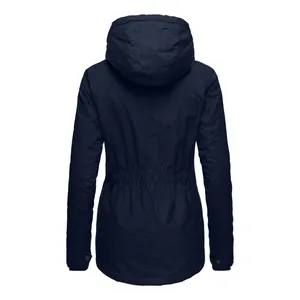 Back view of a navy blue hooded winter jacket for women with elastic drawstring waist