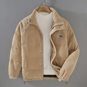 Men's Winter Warm Corduroy Puffer Jacket Trendy Casual Stand Collar Solid Color Bread Suit Coat With Patch For Youth