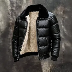 Veste doudoune homme en cuir PU avec doublure en peau lainée et col fourrure