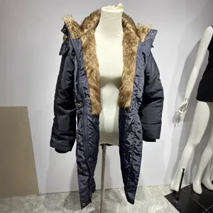 Parka d'hiver bleu marine pour femmes avec col et capuche en fausse fourrure brune