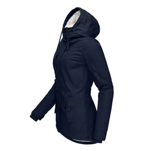 Side profile detail of women's navy blue hooded winter jacket with fleece lining