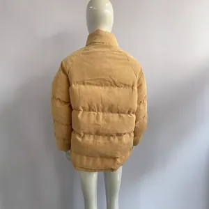 Men's warm winter corduroy puffer jacket in camel color shown from back view on mannequin