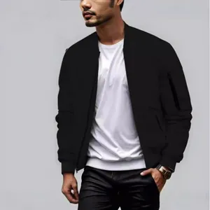 Men's minimalist solid black bomber jacket for spring and autumn street style