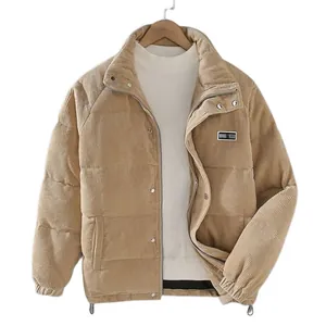 Men's stylish beige corduroy puffer jacket with high collar and warm padded lining.