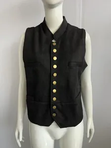 Detailed front view of a retro black suede men's vest with multiple gold buttons