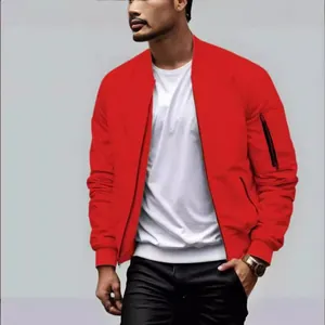 Men's solid red bomber jacket with sleeve zip pocket for casual daily wear