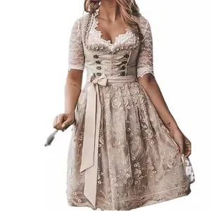 Traditionelles Deutsches Oktoberfest Dirndl Kleid Set Damen Aprikose Spitze Jacquard Blumen Performance Bühne Party Kostüm
