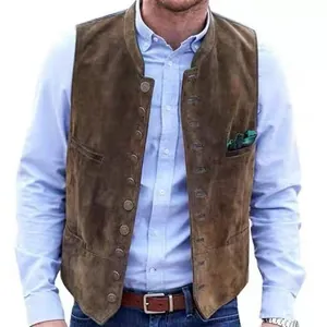 Detail of a brown suede vest for men featuring a retro multi-button design and pocket square
