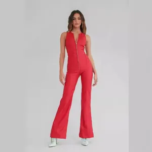 Elegant sleeveless red high-waisted denim jumpsuit featuring a front zipper closure