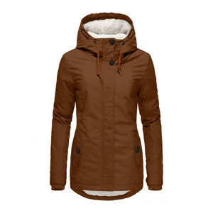 Front view of women's brown hooded winter jacket with cozy white fleece lining and pockets.