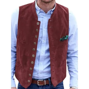 Detail shot of men's burgundy vintage faux suede waistcoat featuring multiple buttons