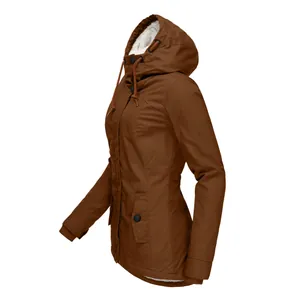 Side profile detail of women's brown fleece-lined hooded parka jacket with drawstring