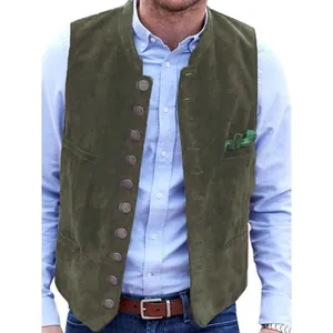 Detail view of men's olive green suede waistcoat with vintage multi-button design