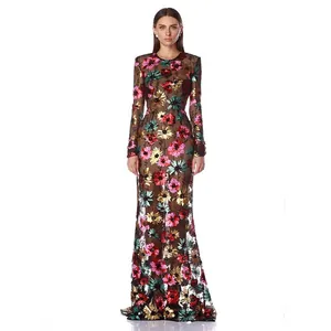 Dames Sexy Ronde Hals Lange Mouw Mesh Pailletten Floral Borduursel Bodycon Meermin Maxi Jurk Voor Avond Banket Feest Rood