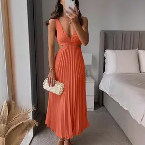 Elegant coral V-neck sleeveless pleated maxi dress with waist cut-outs and backless design.