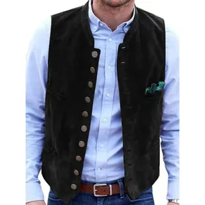 Vintage black suede men's waistcoat featuring multi-button closure and pocket detail