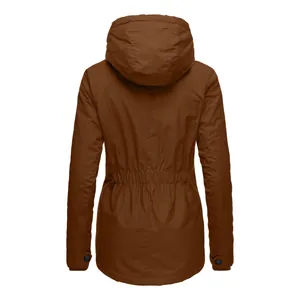 Back view of a brown hooded winter parka coat for women featuring a cinched waist design