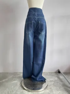 Jean en denim à jambes larges et taille haute pour femmes avec poches arrière détails