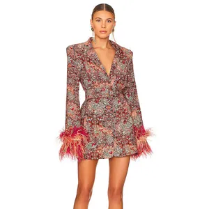 Women V Neck Floral Mini Dress Elegant Feather Cuff Long Sleeve Polyester Party Dress Slim Fit Printed Spliced Short Dress