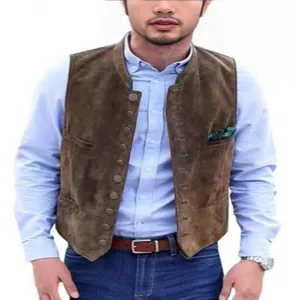 Men Vintage Suede Vest British Style Stand Collar Multi-button Casual Waistcoat Top Polyester Suede Workwear Outerwear