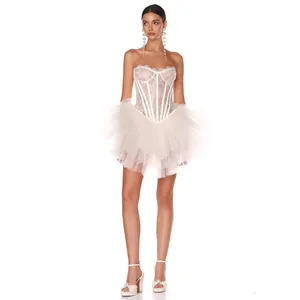 Vestito a Corsetto in Pizzo Sexy da Donna Bianco Tubino con Stecche Gonna a Bolle in Rete Elegante Europeo Slim Fit Mini Vestito da Festa