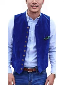 Vintage men's blue suede vest with stand collar and multi-button decorative detailing