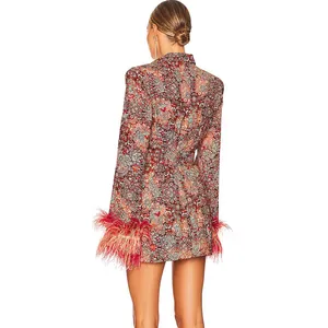 Elegant high-end floral mini dress featuring vintage patterns and ostrich feather cuffs.
