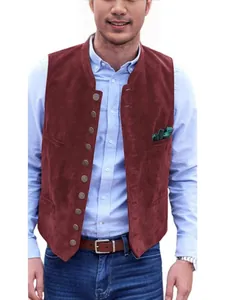 Premium vintage men's burgundy faux suede waistcoat with stylish multi-button design
