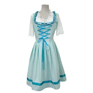 Traditional light blue Dirndl dress with white lace sleeves and bodice lacing details