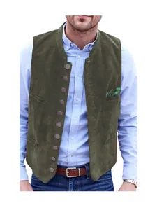 Vintage men's suede vest with multi-button design in dark green, British workwear style