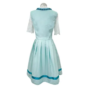 Back view of light blue Munich beer festival dress with delicate white lace sleeves