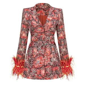 Elegant women's V-neck floral print dress jacket featuring luxury feather trim cuffs