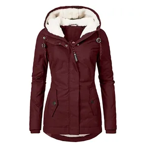 Women Casual Hooded Fleece Lined Padded Jacket Warm Winter Zip Up Sherpa Jacket With Pockets Solid Color Outdoor Long Sleeve Top